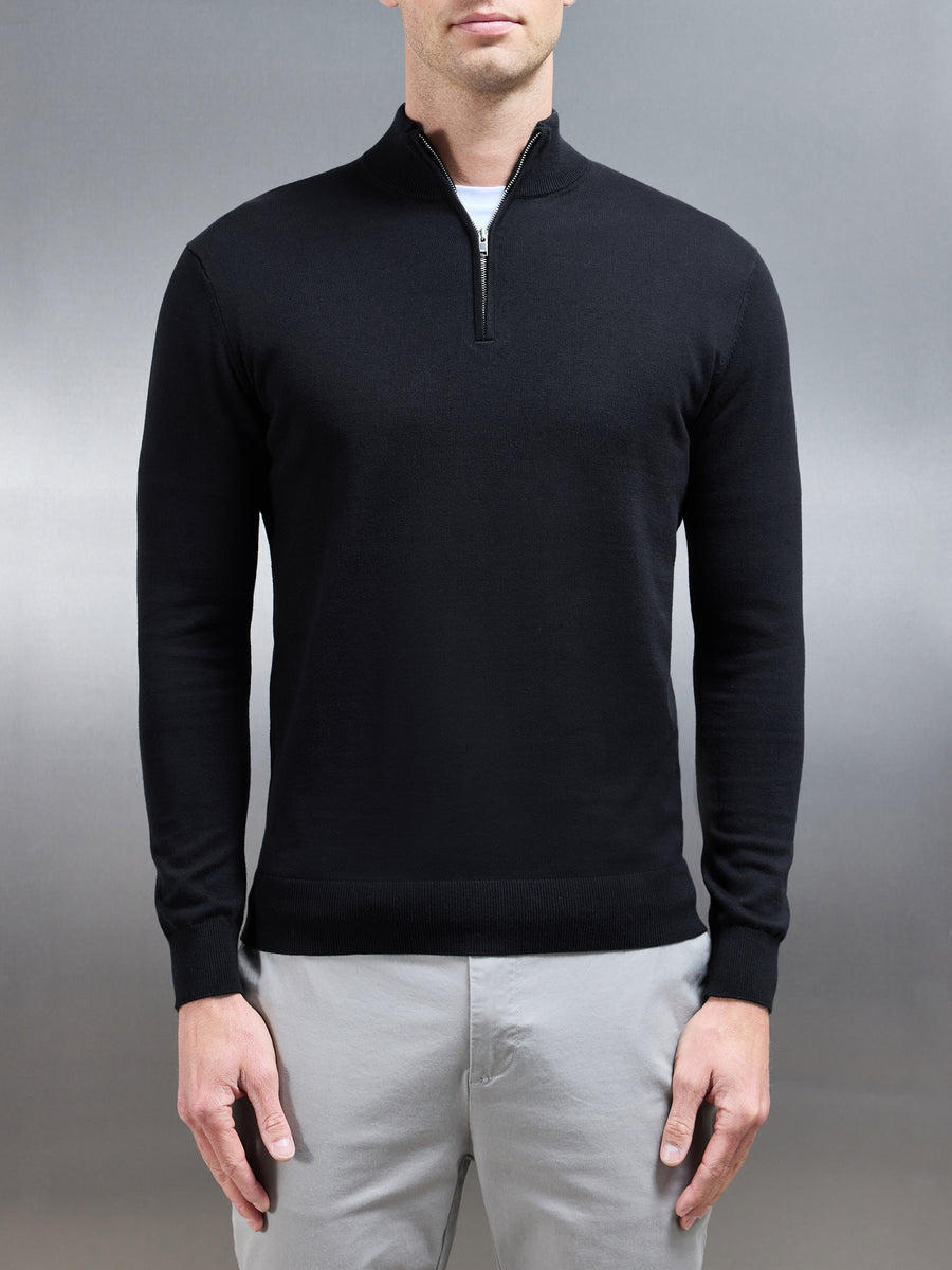 Cotton Knitted Half Zip Funnel Neck Jumper in Black ARNE