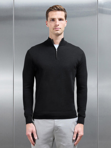 Cotton Knitted Half Zip Funnel Neck Jumper in Black
