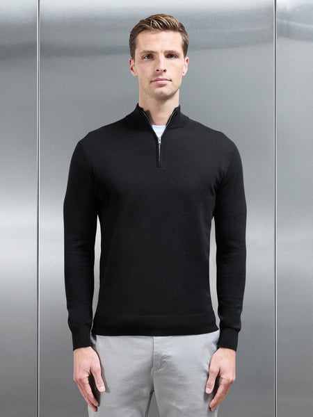 Cotton Knitted Half Zip Funnel Neck Jumper in Black