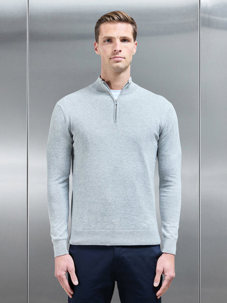 Cotton Knitted Half Zip Funnel Neck Jumper in Marl Grey