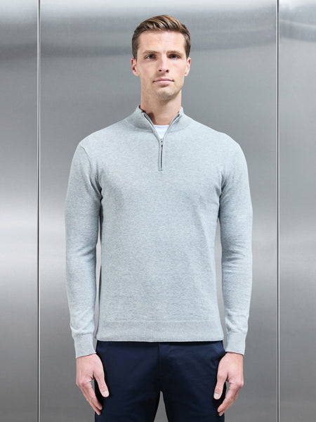 Cotton Knitted Half Zip Funnel Neck Jumper in Marl Grey
