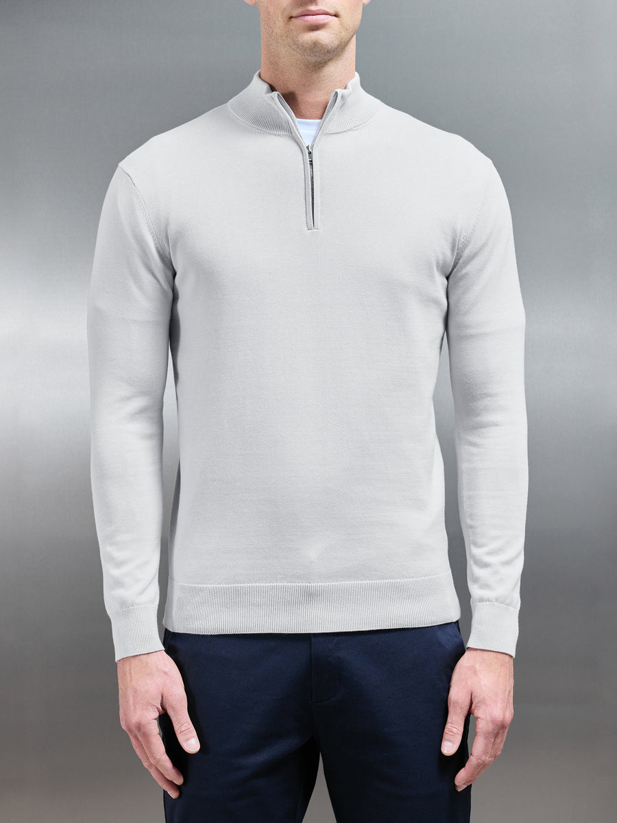 Cotton Knitted Half Zip Funnel Neck Jumper in Mid Grey ARNE