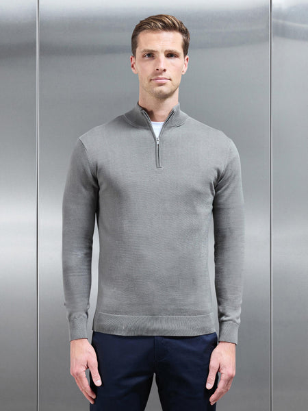 Cotton Knitted Half Zip Funnel Neck Jumper in Sage