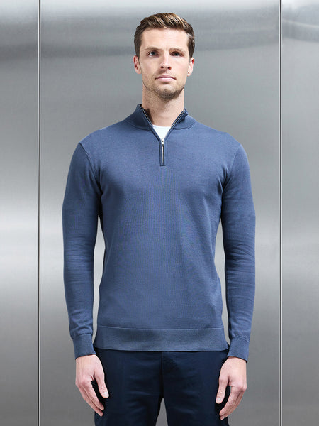 Cotton Knitted Half Zip Funnel Neck Jumper in Slate Blue
