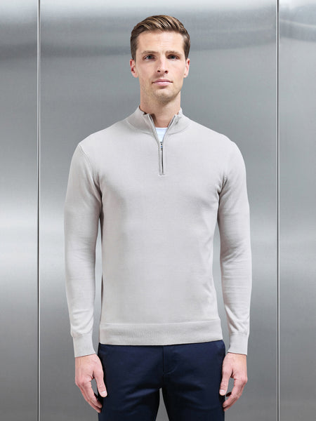 Cotton Knitted Half Zip Funnel Neck Jumper in Stone