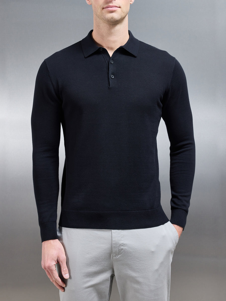 Cotton Knitted Long Sleeve Button Polo Shirt in Black ARNE