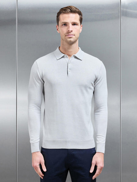 Cotton Knitted Long Sleeve Button Polo Shirt in Mid Grey