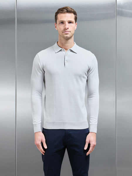 Cotton Knitted Long Sleeve Button Polo Shirt in Mid Grey