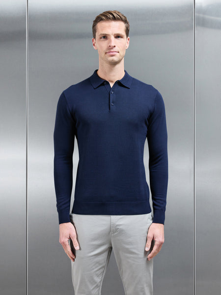 Cotton Knitted Long Sleeve Button Polo Shirt in Navy