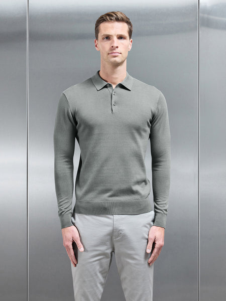 Merino Wool Long Sleeve Button Polo Shirt in Sage