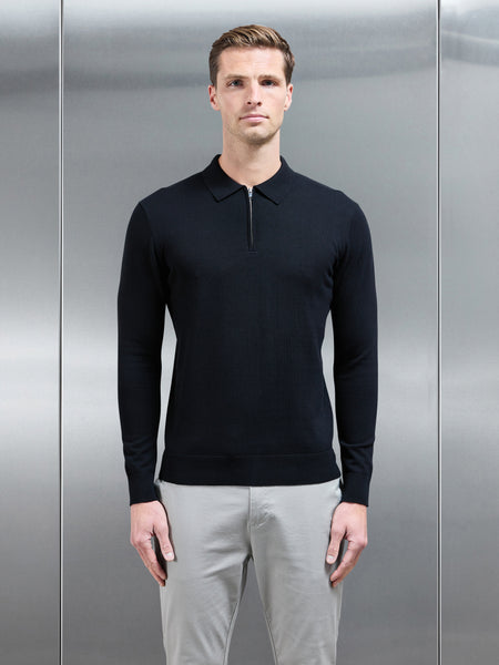 Cotton Knitted Long Sleeve Half Zip Polo Shirt in Black