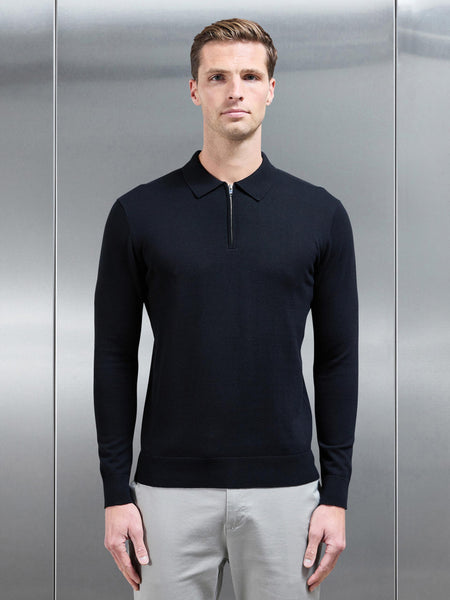 Cotton Knitted Long Sleeve Half Zip Polo Shirt in Black