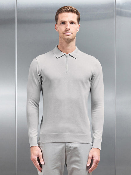Cotton Knitted Long Sleeve Half Zip Polo Shirt in Mid Grey