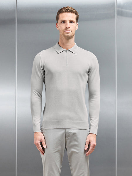Cotton Knitted Long Sleeve Half Zip Polo Shirt in Mid Grey
