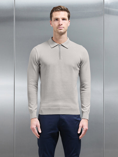 Cotton Knitted Long Sleeve Half Zip Polo Shirt in Stone
