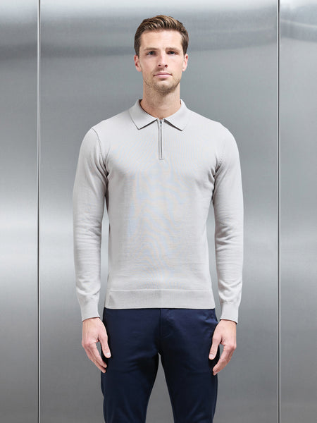 Cotton Knitted Long Sleeve Half Zip Polo Shirt in Stone