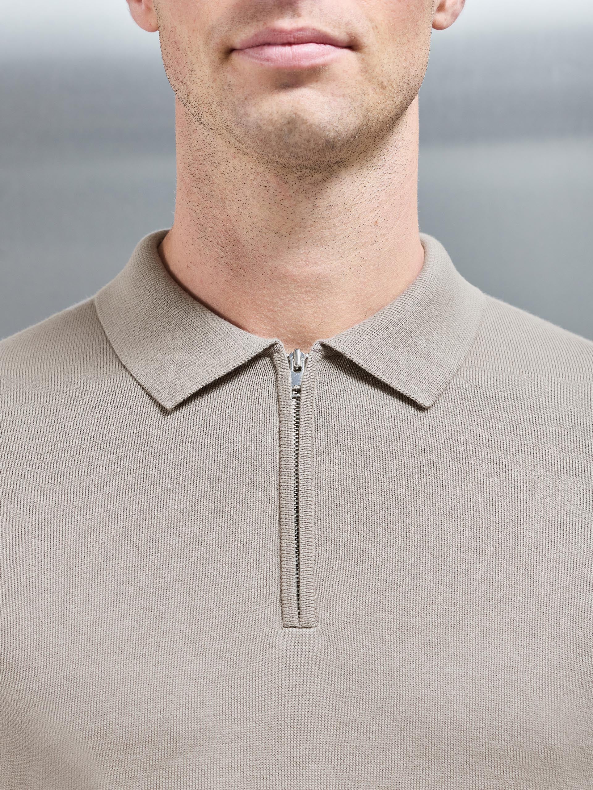 Cotton Knitted Long Sleeve Half Zip Polo Shirt in Taupe