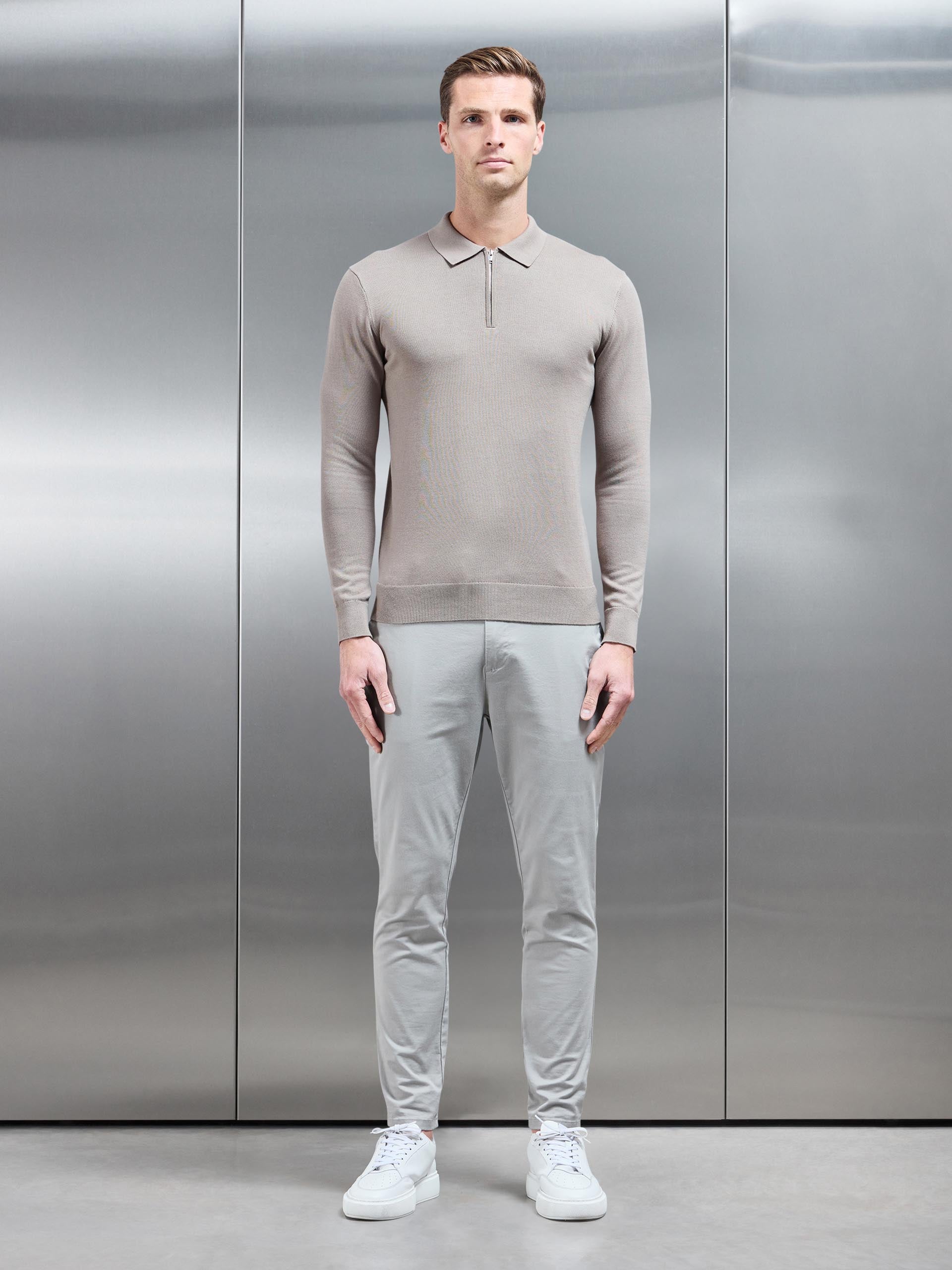 Cotton Knitted Long Sleeve Half Zip Polo Shirt in Taupe
