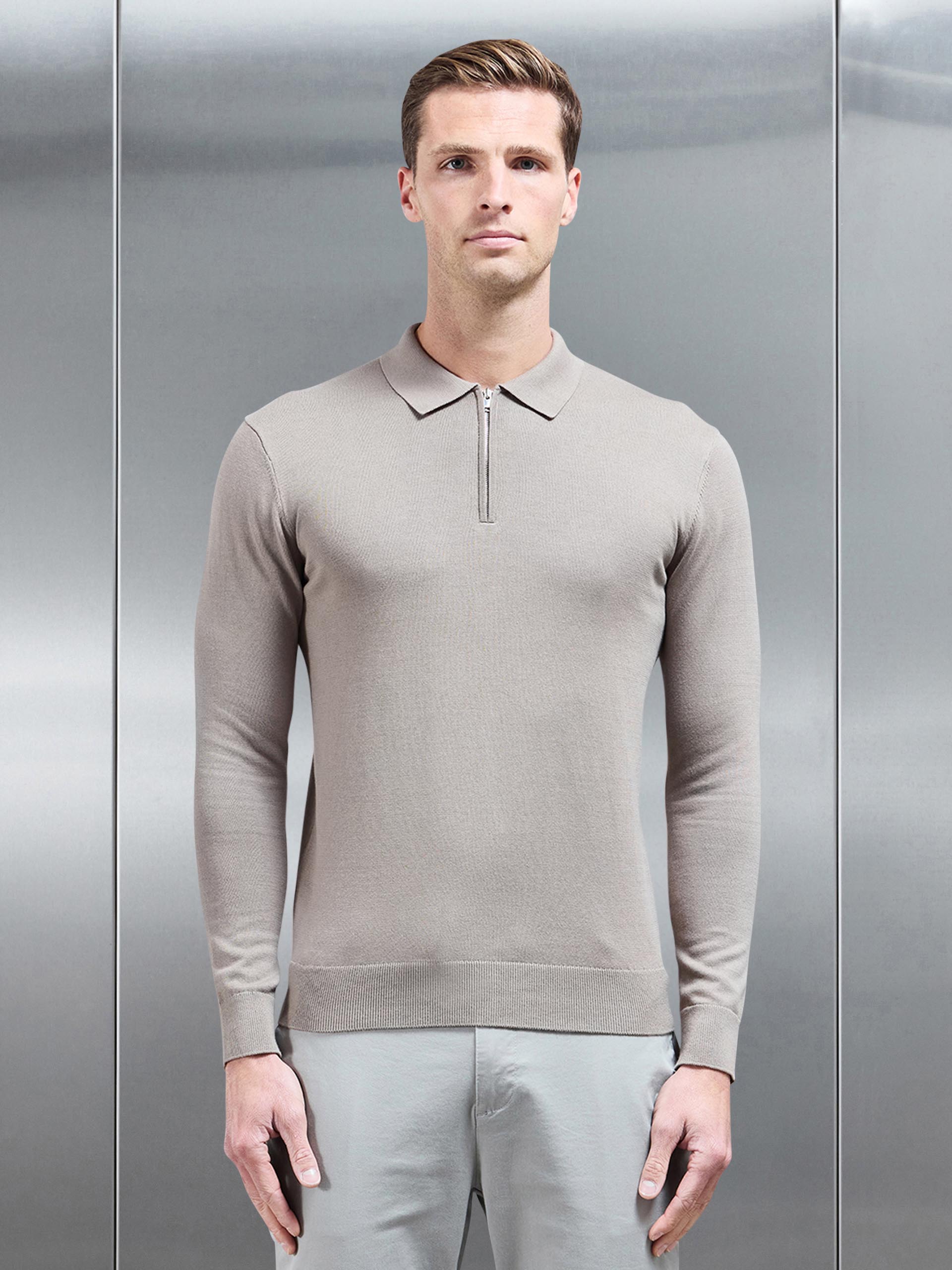 Cotton Knitted Long Sleeve Half Zip Polo Shirt in Taupe