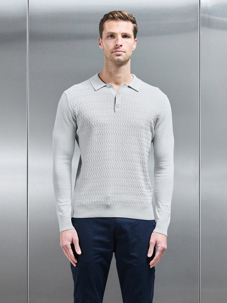 Cotton Knitted Long Sleeve Textured Polo Shirt in Mid Grey