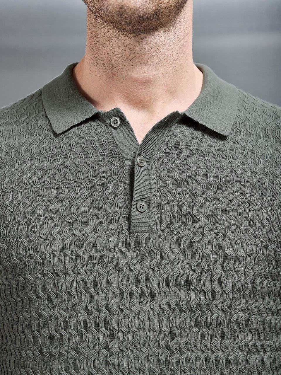 Cotton Knitted Long Sleeve Textured Polo Shirt in Sage