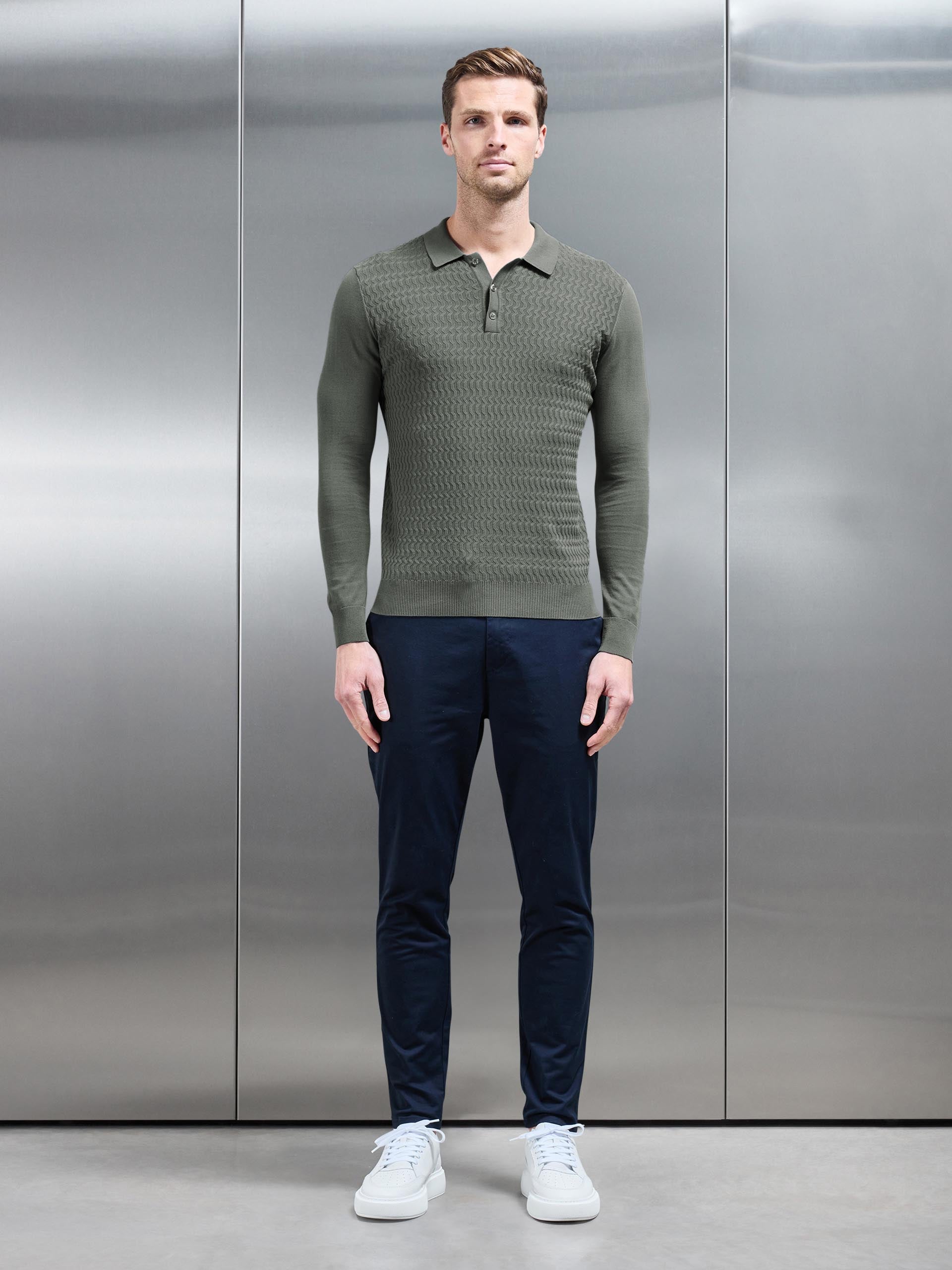 Cotton Knitted Long Sleeve Textured Polo Shirt in Sage