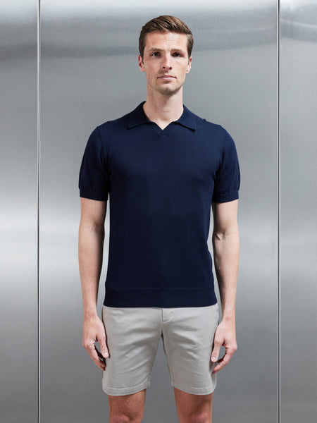Cotton Knitted Revere Collar Polo Shirt in Navy