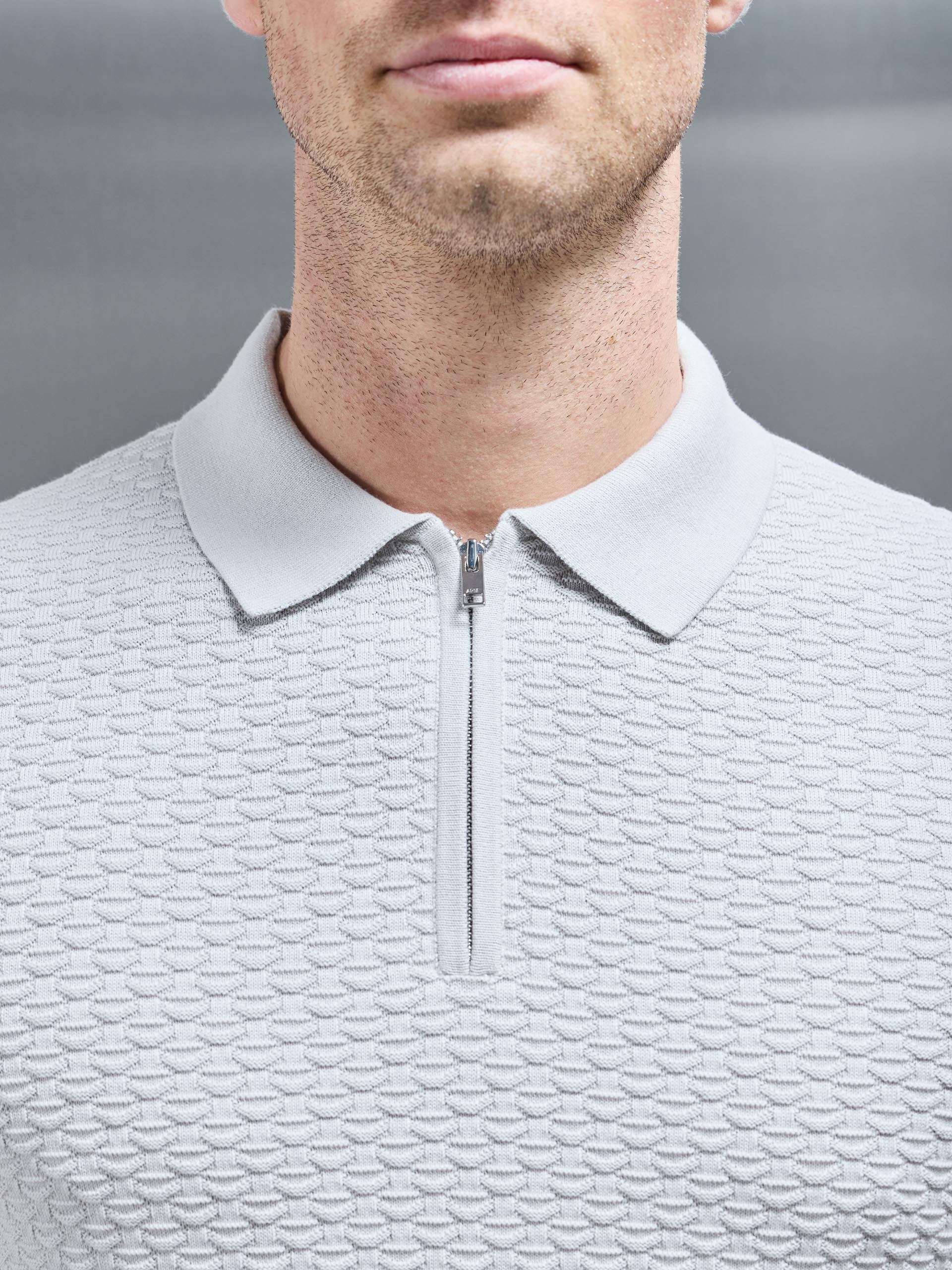 Cotton Knitted Textured Zip Polo Shirt in Mid Grey