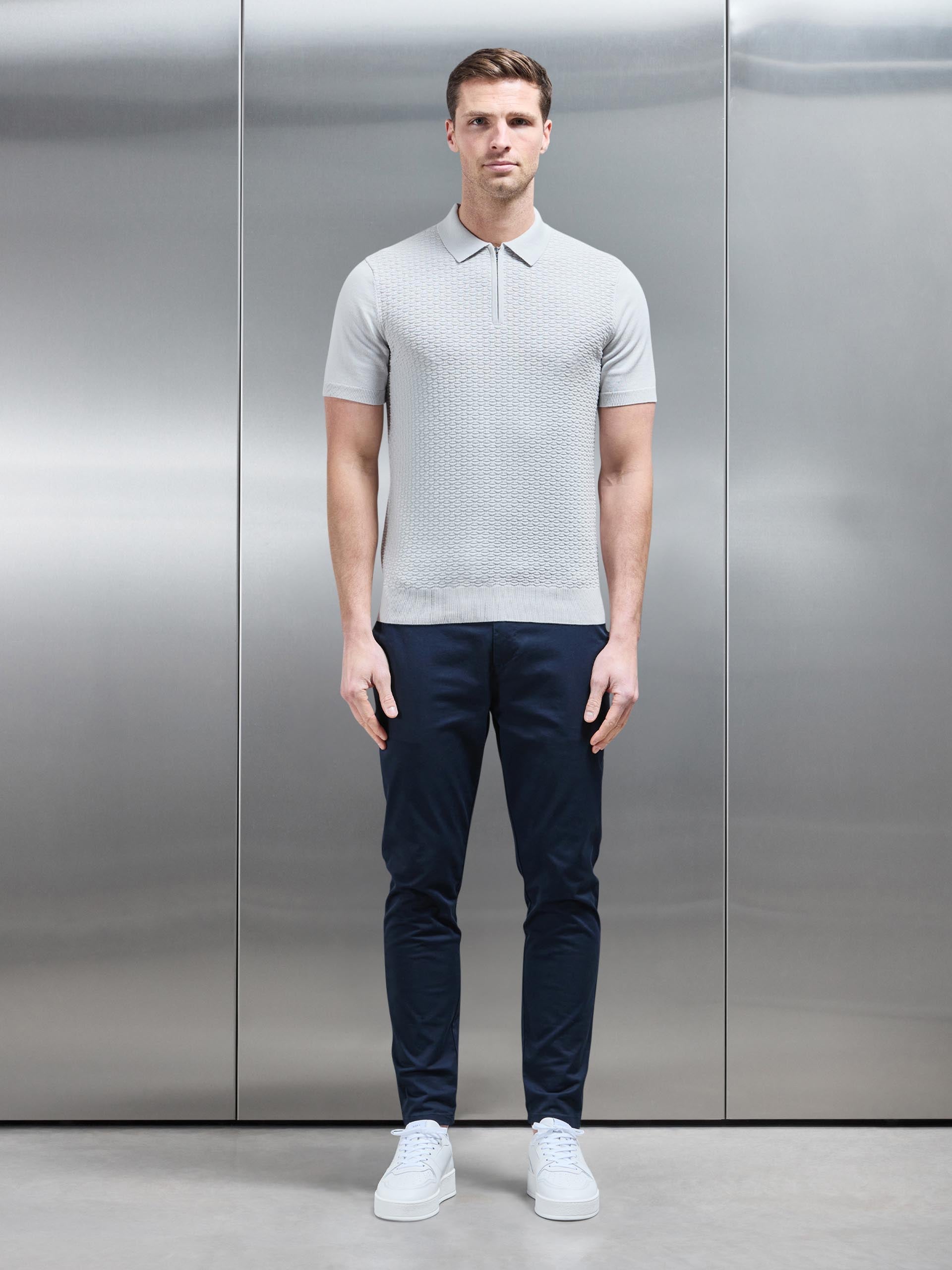 Cotton Knitted Textured Zip Polo Shirt in Mid Grey