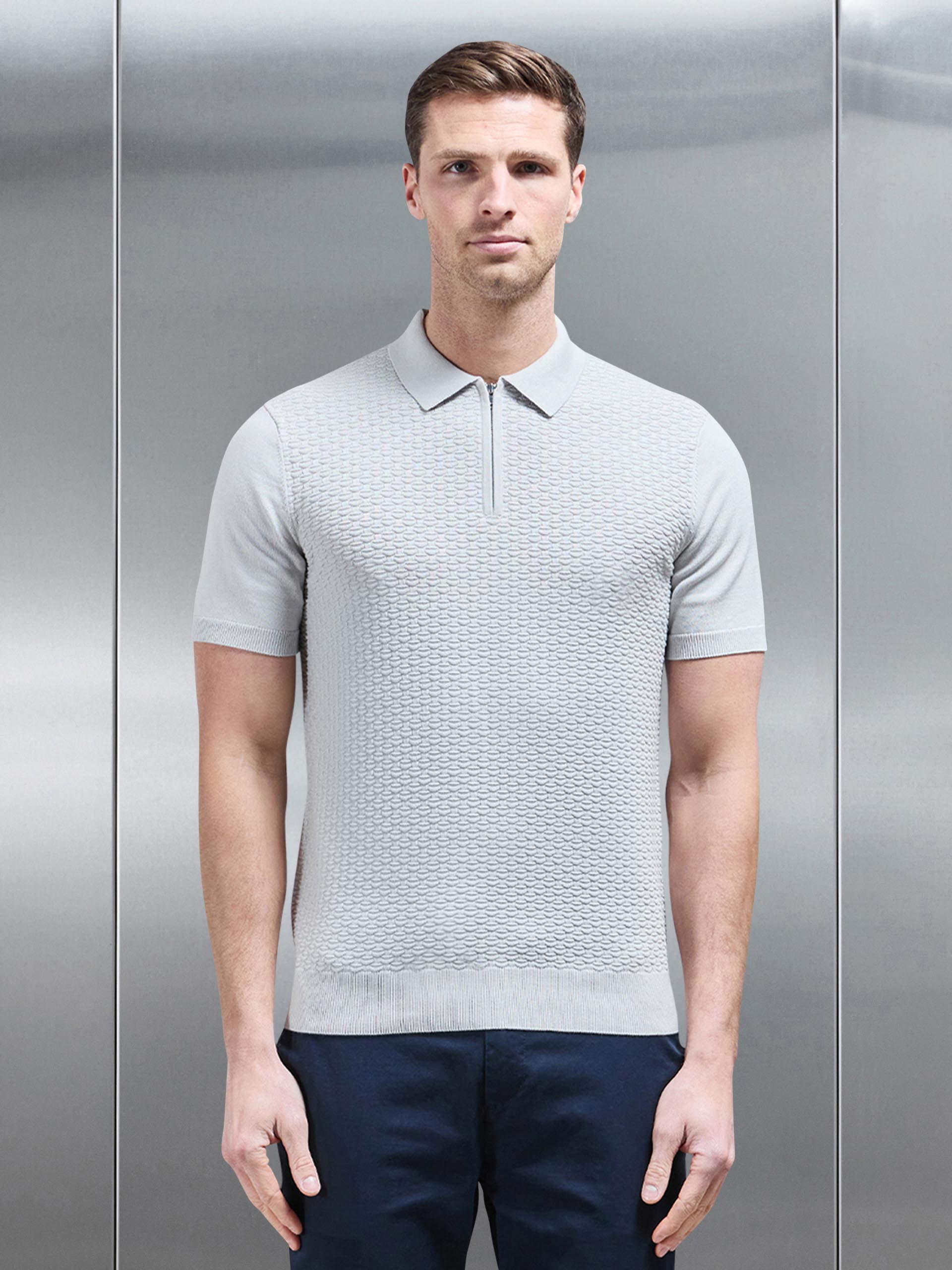 Cotton Knitted Textured Zip Polo Shirt in Mid Grey
