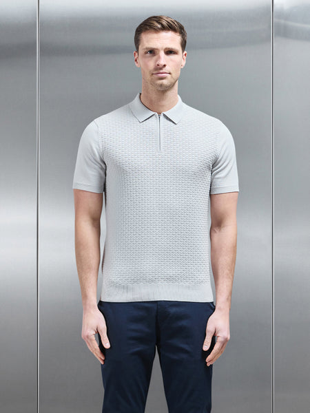 Cotton Knitted Textured Zip Polo Shirt in Mid Grey