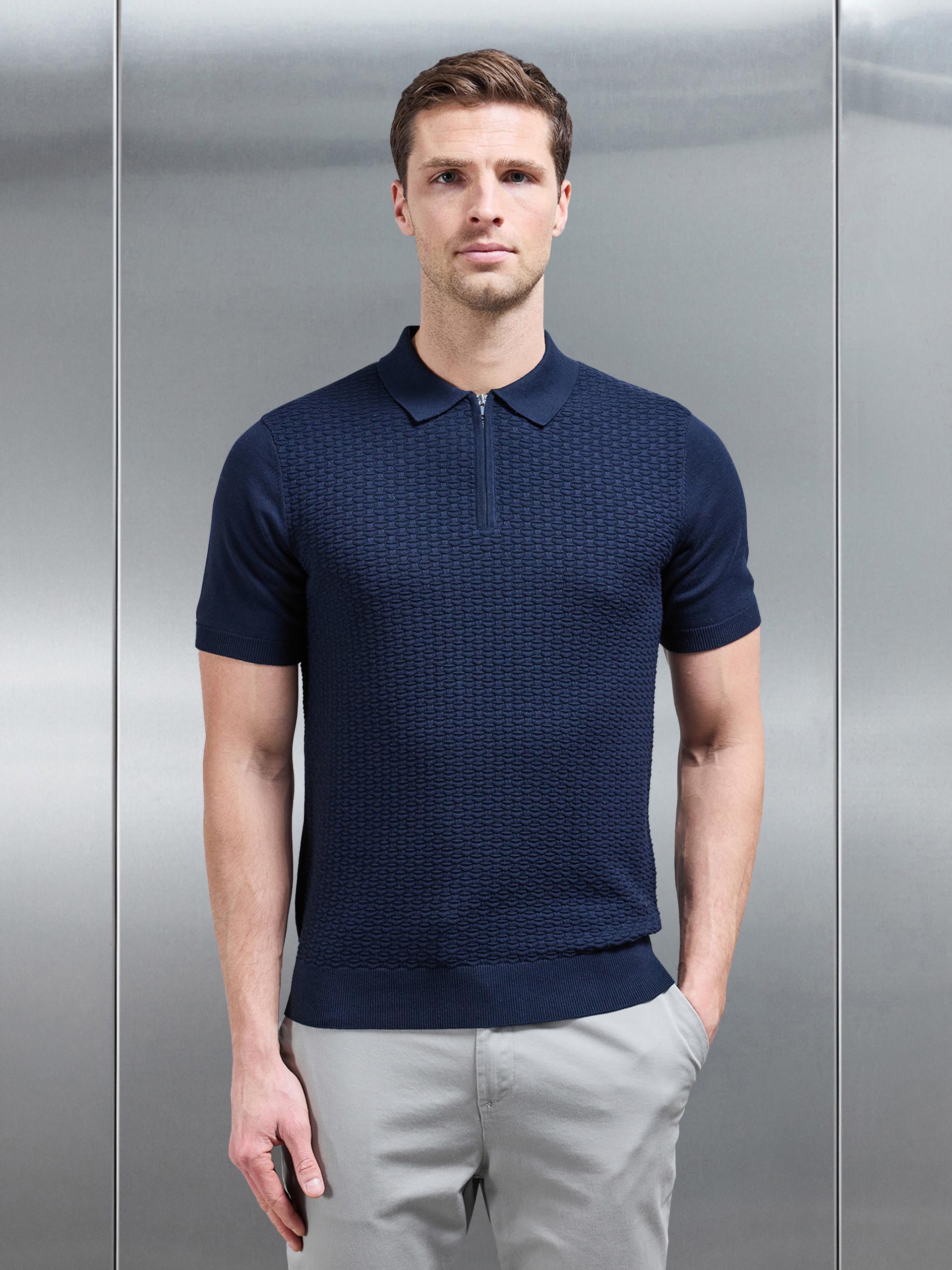 Cotton Knitted Textured Zip Polo Shirt in Navy