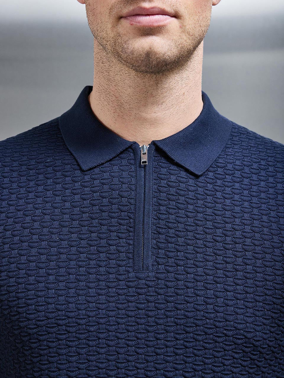 Cotton Knitted Textured Zip Polo Shirt in Navy