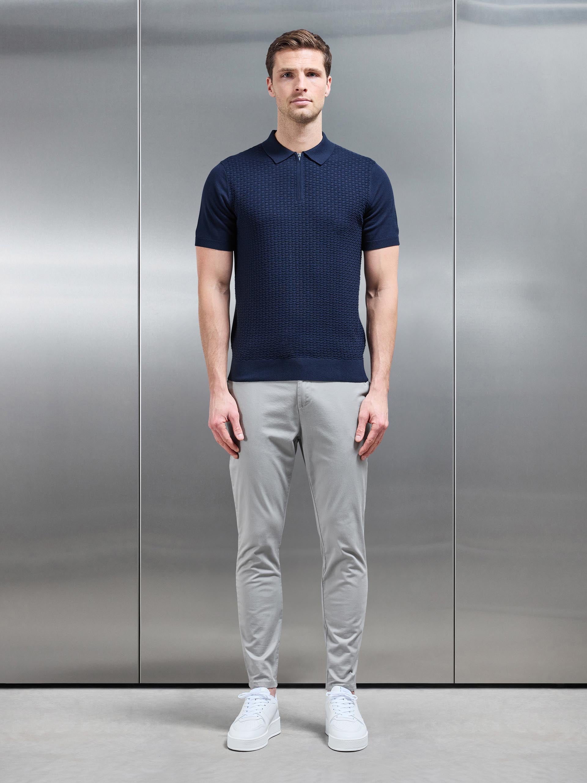 Cotton Knitted Textured Zip Polo Shirt in Navy