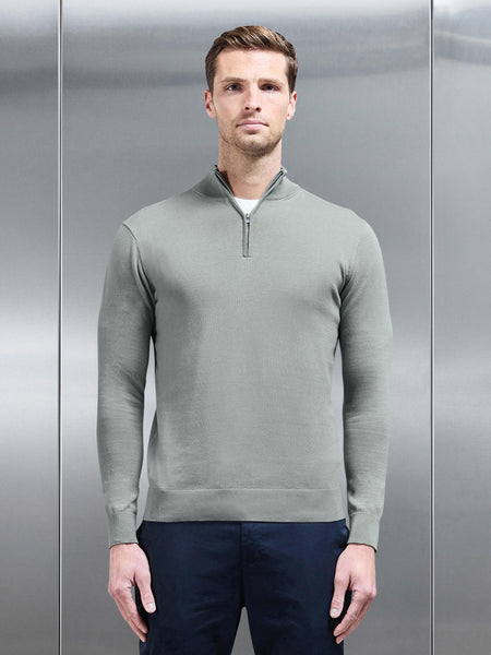 Cotton Knitted Half Zip Funnel Neck Jumper in Light Sage