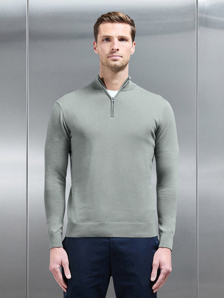 Cotton Knitted Half Zip Funnel Neck Jumper in Light Sage
