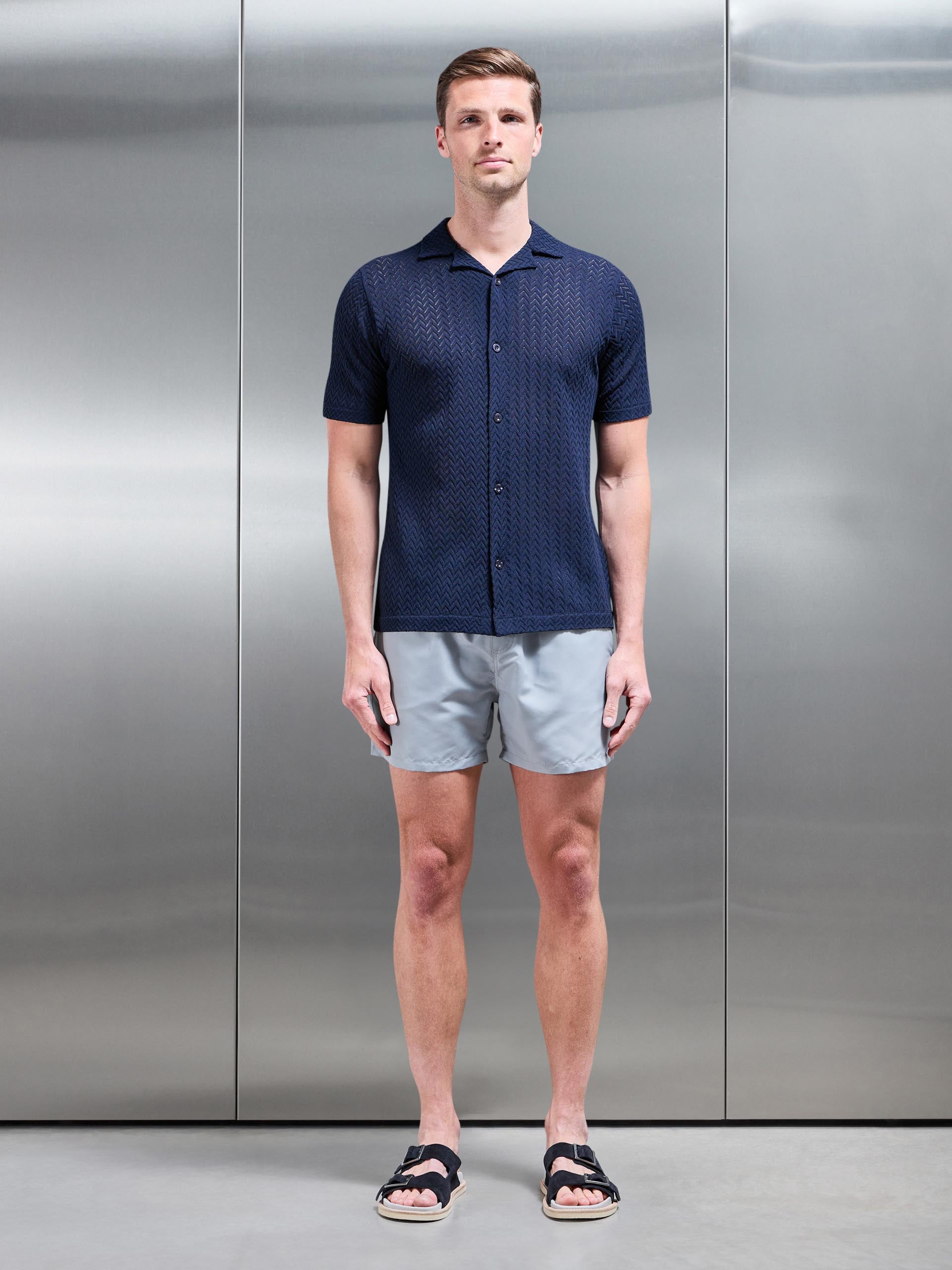 Crochet Revere Collar Shirt in Navy