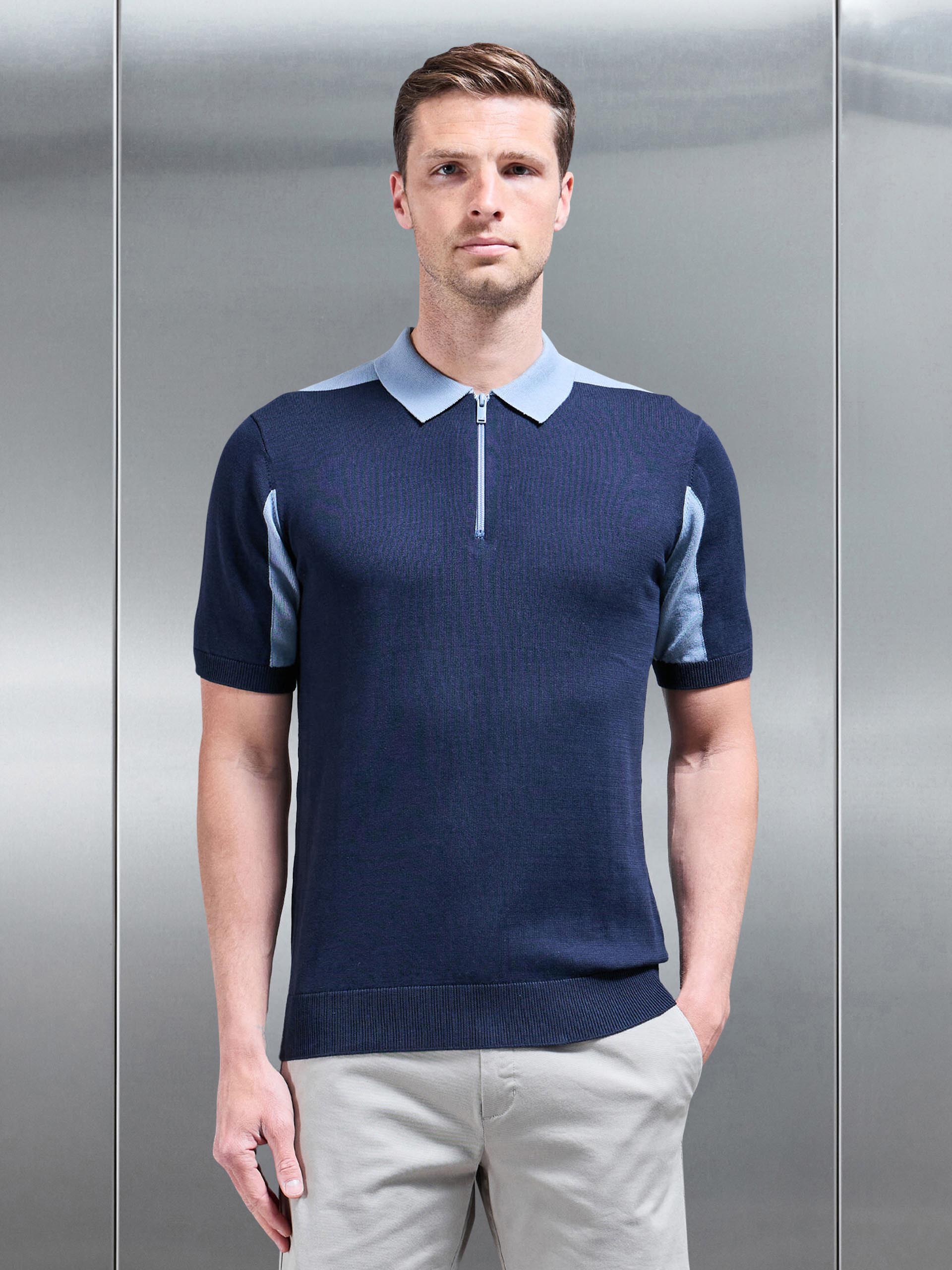 Colour Block Zip Polo Shirt in Navy