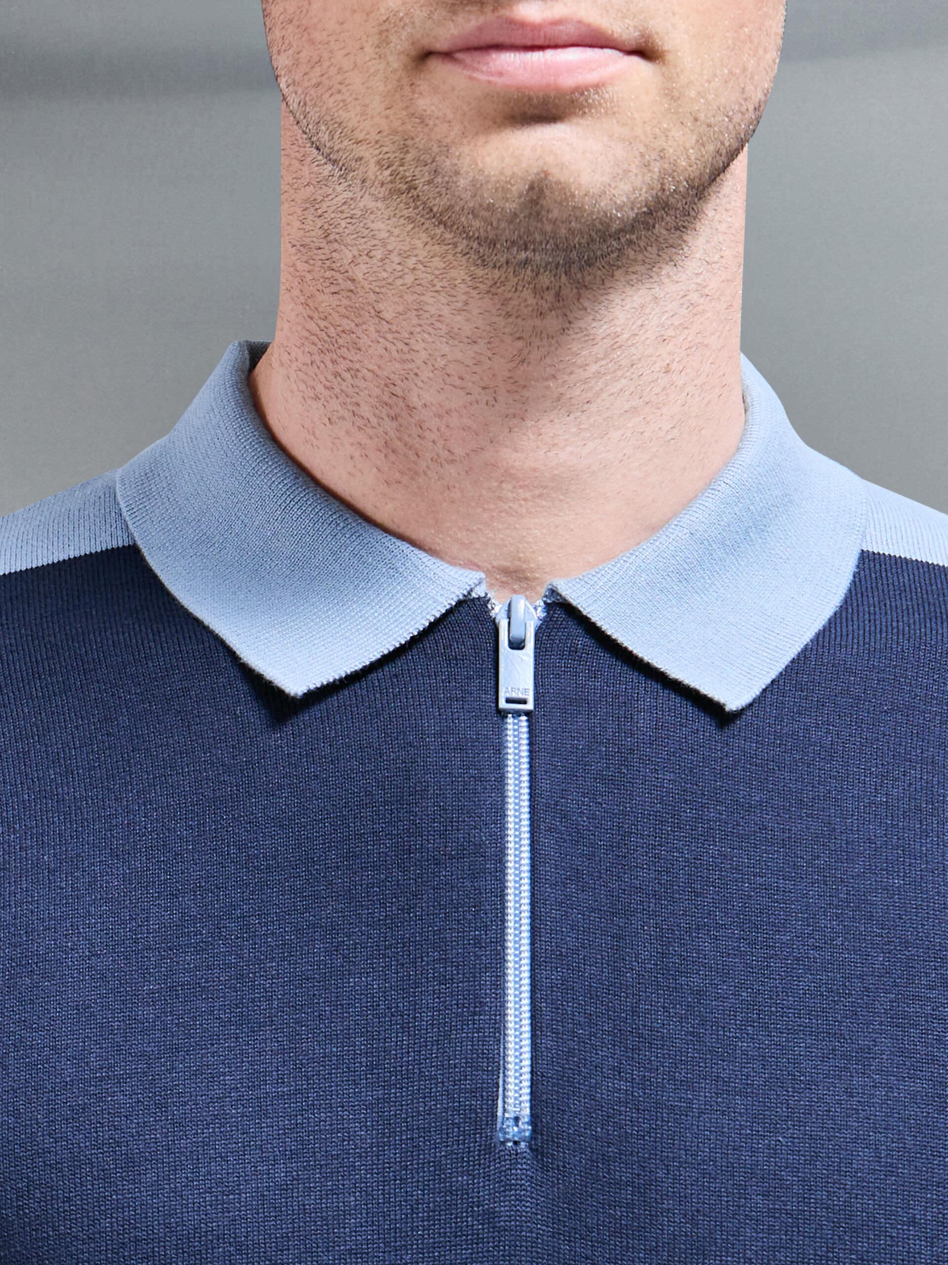 Colour Block Zip Polo Shirt in Navy