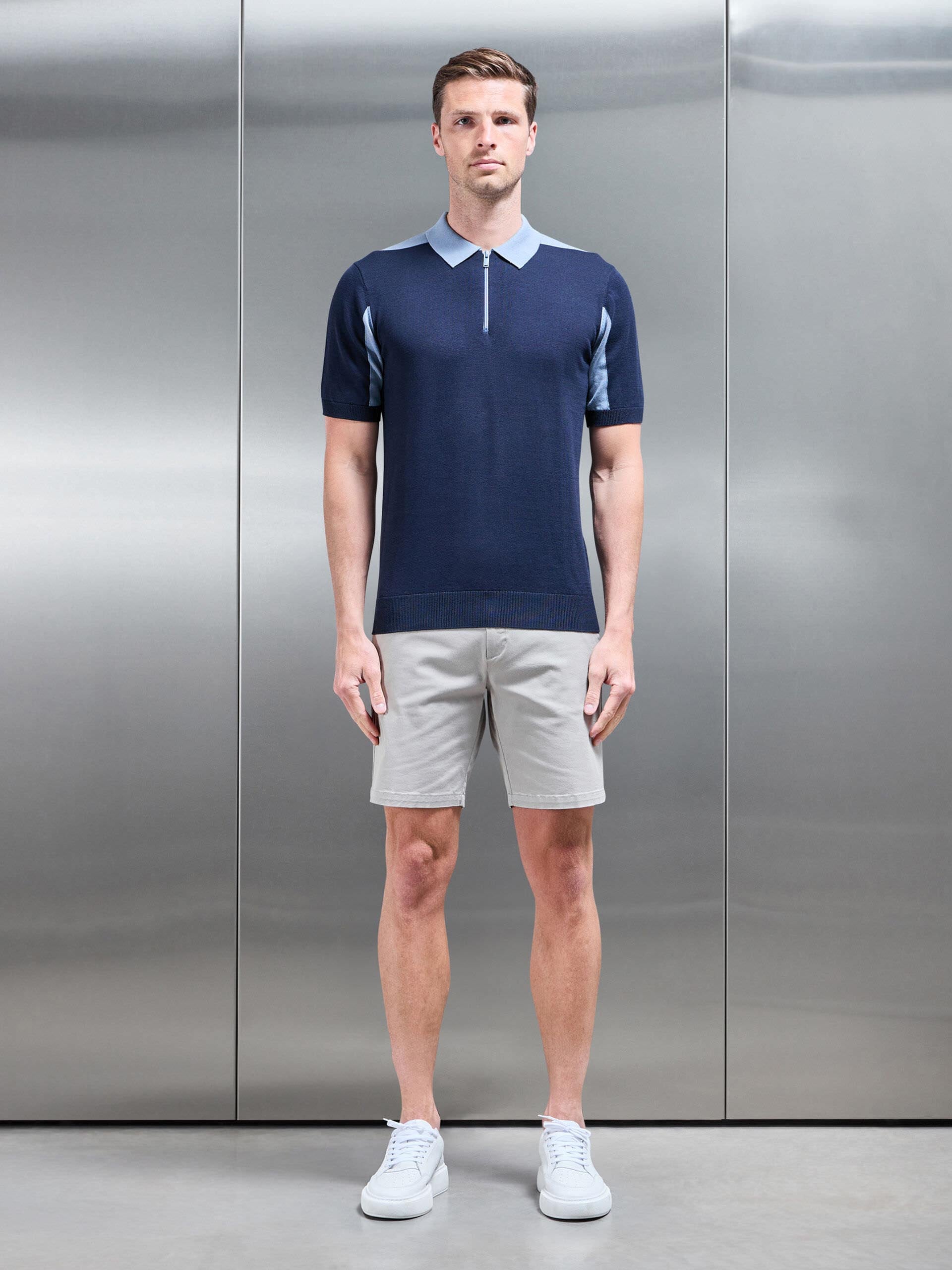 Colour Block Zip Polo Shirt in Navy