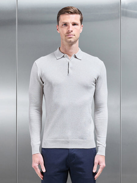 Cotton Knitted Long Sleeve Button Polo Shirt in Oatmeal