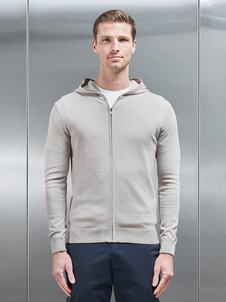 Cotton Knitted Zip Through Hoodie in Stone