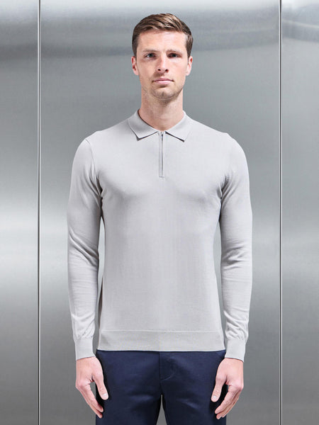 Cotton and Silk Long Sleeve Zip Polo Shirt in Stone