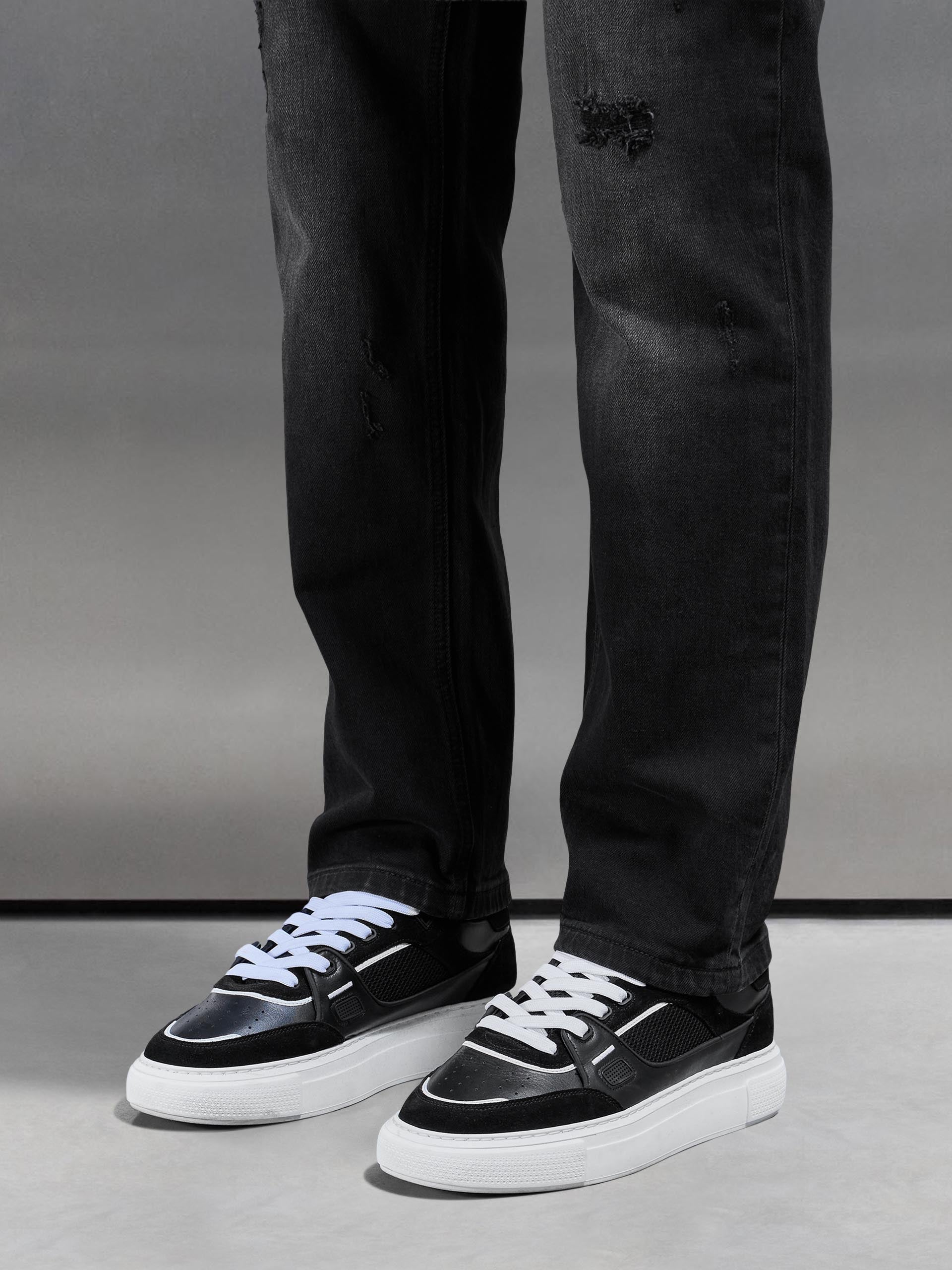 Distressed Straight Leg Denim Jeans in Black Wash