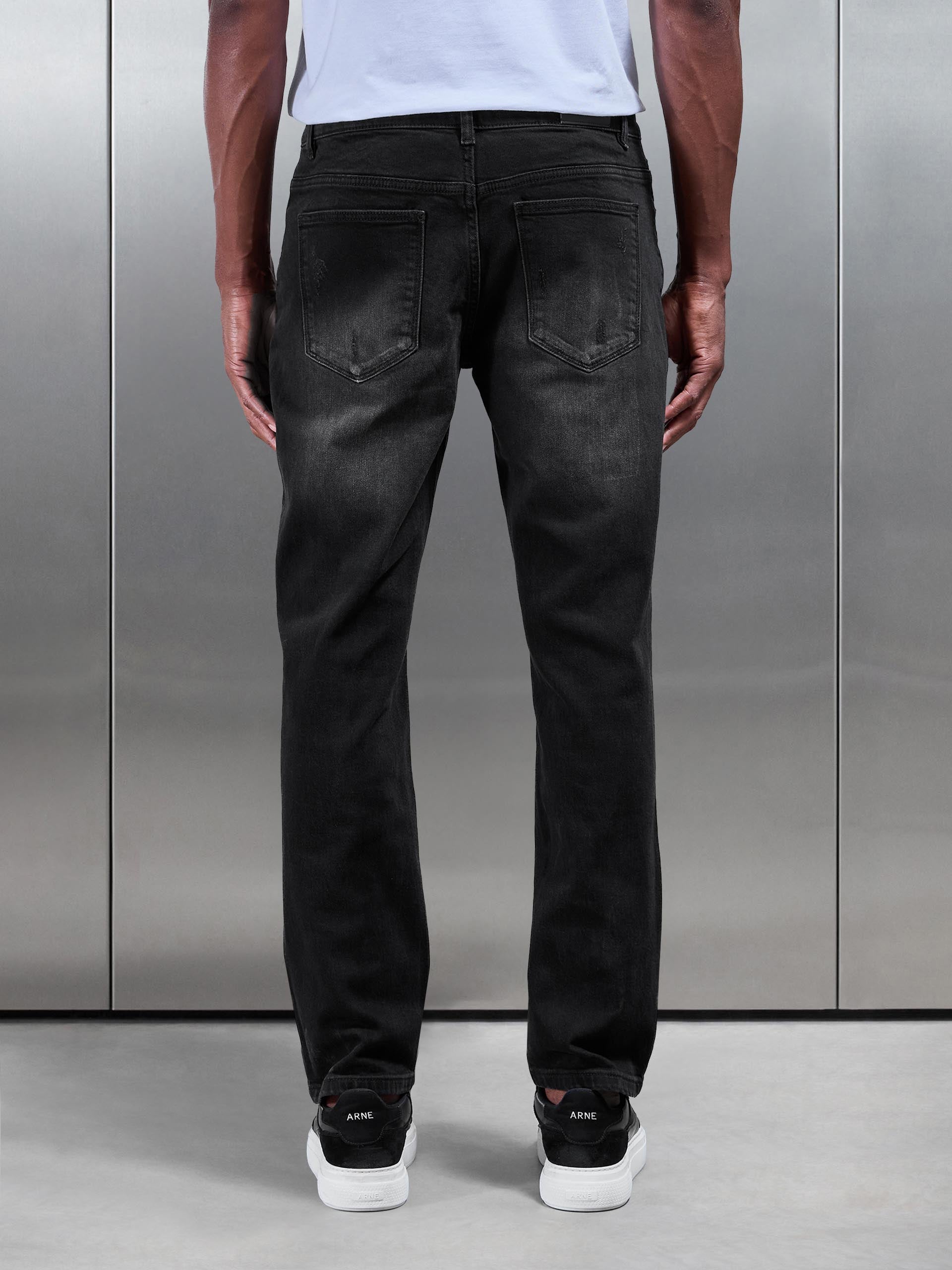 Distressed Straight Leg Denim Jeans in Black Wash