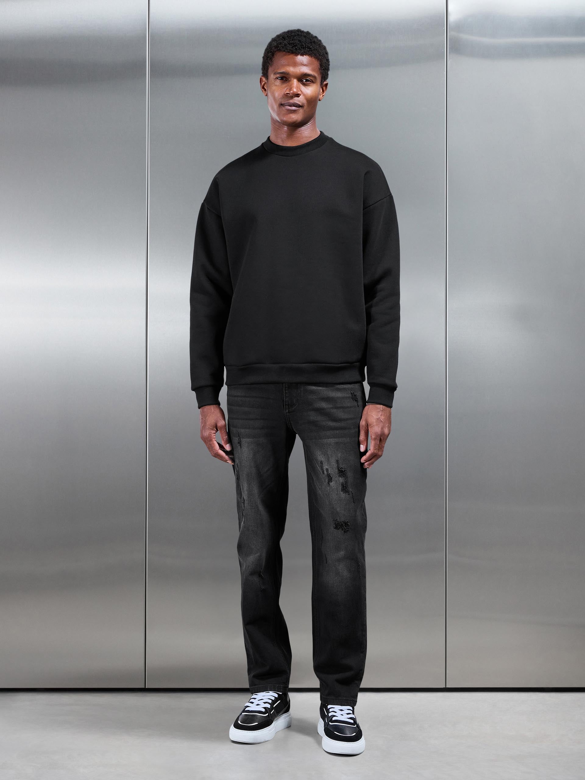 Distressed Straight Leg Denim Jeans in Black Wash