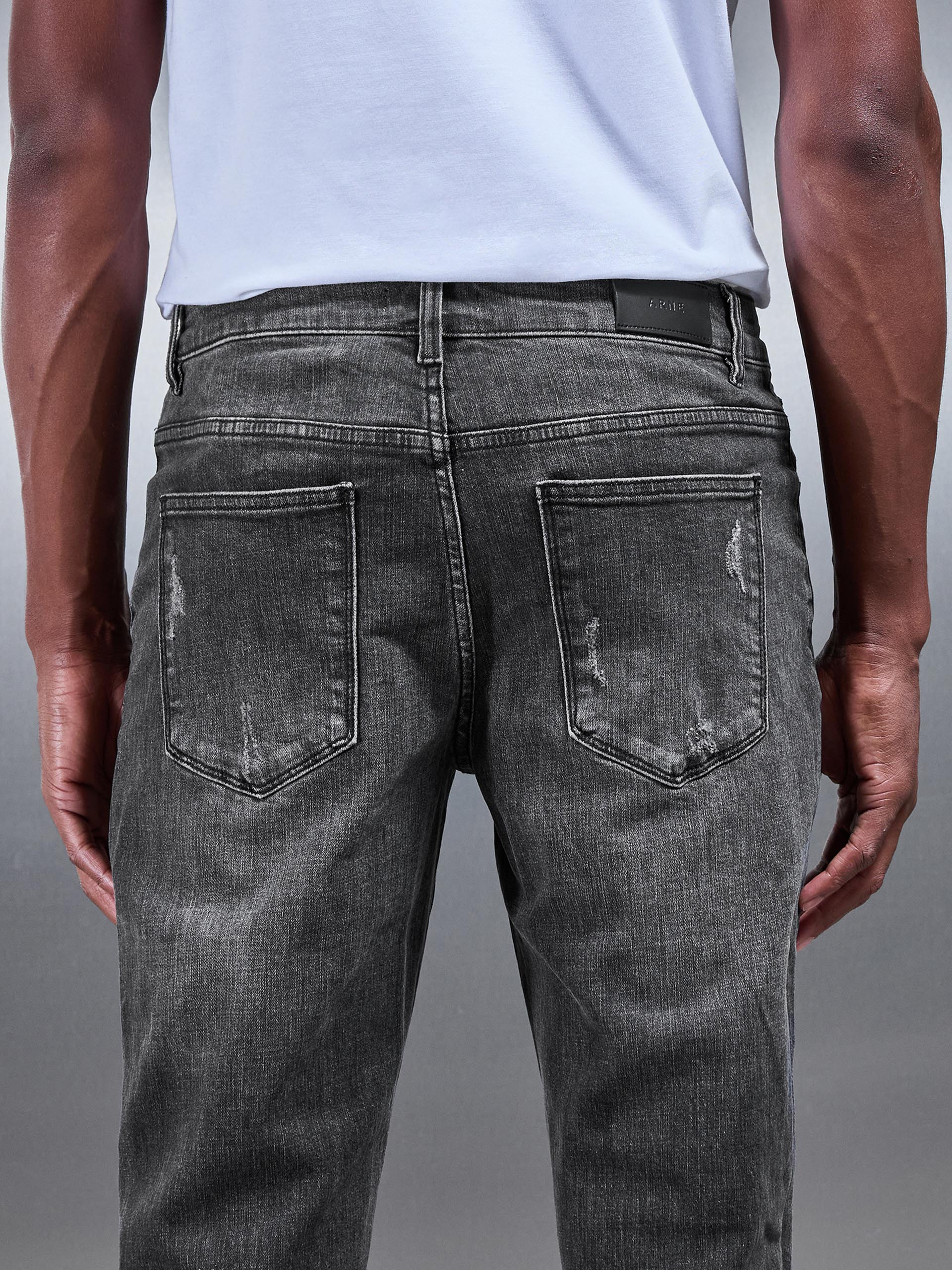 Distressed Straight Leg Denim Jeans in Grey Wash