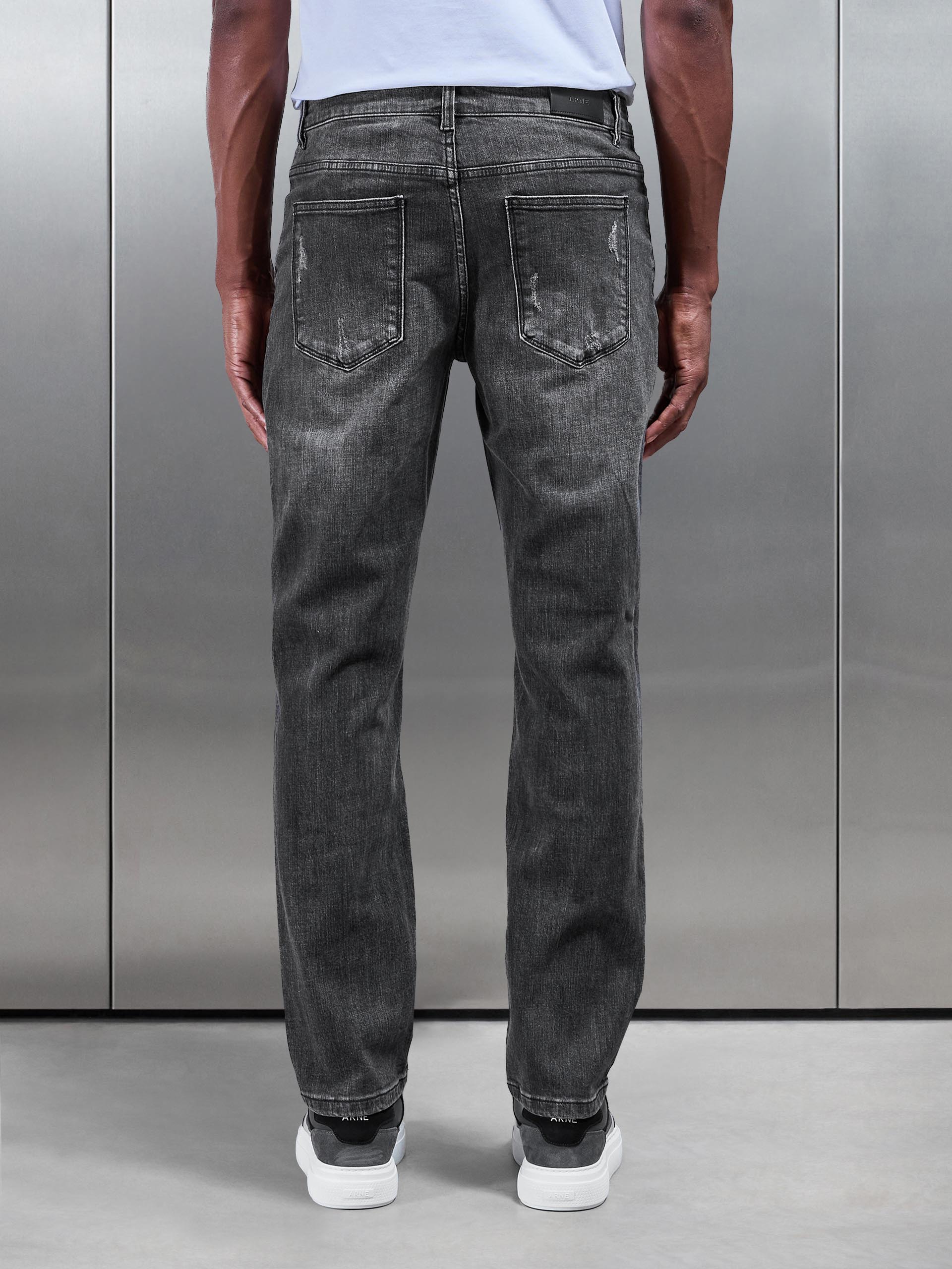 Distressed Straight Leg Denim Jeans in Grey Wash
