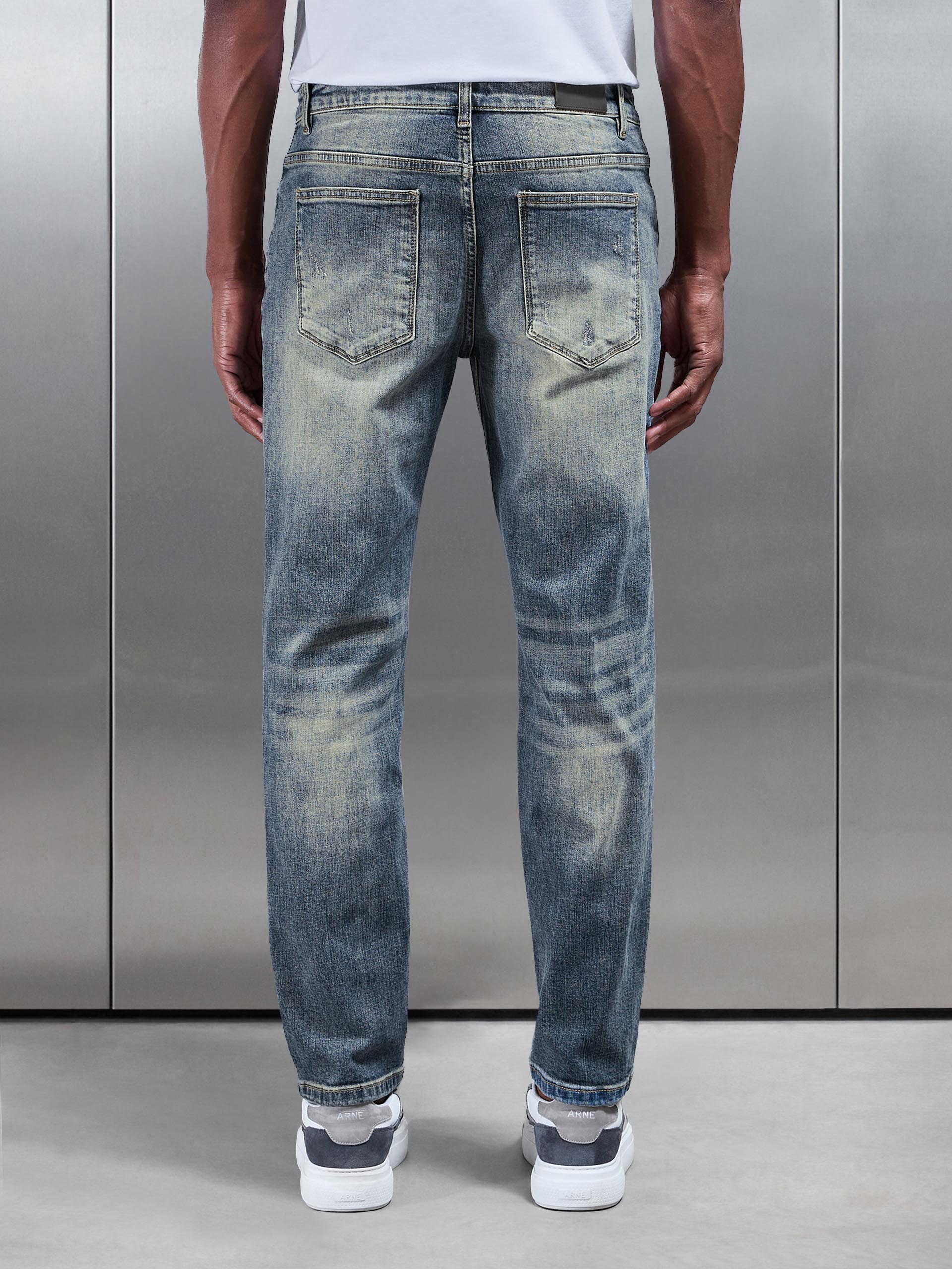 Distressed Straight Leg Denim Jeans in Sand Wash