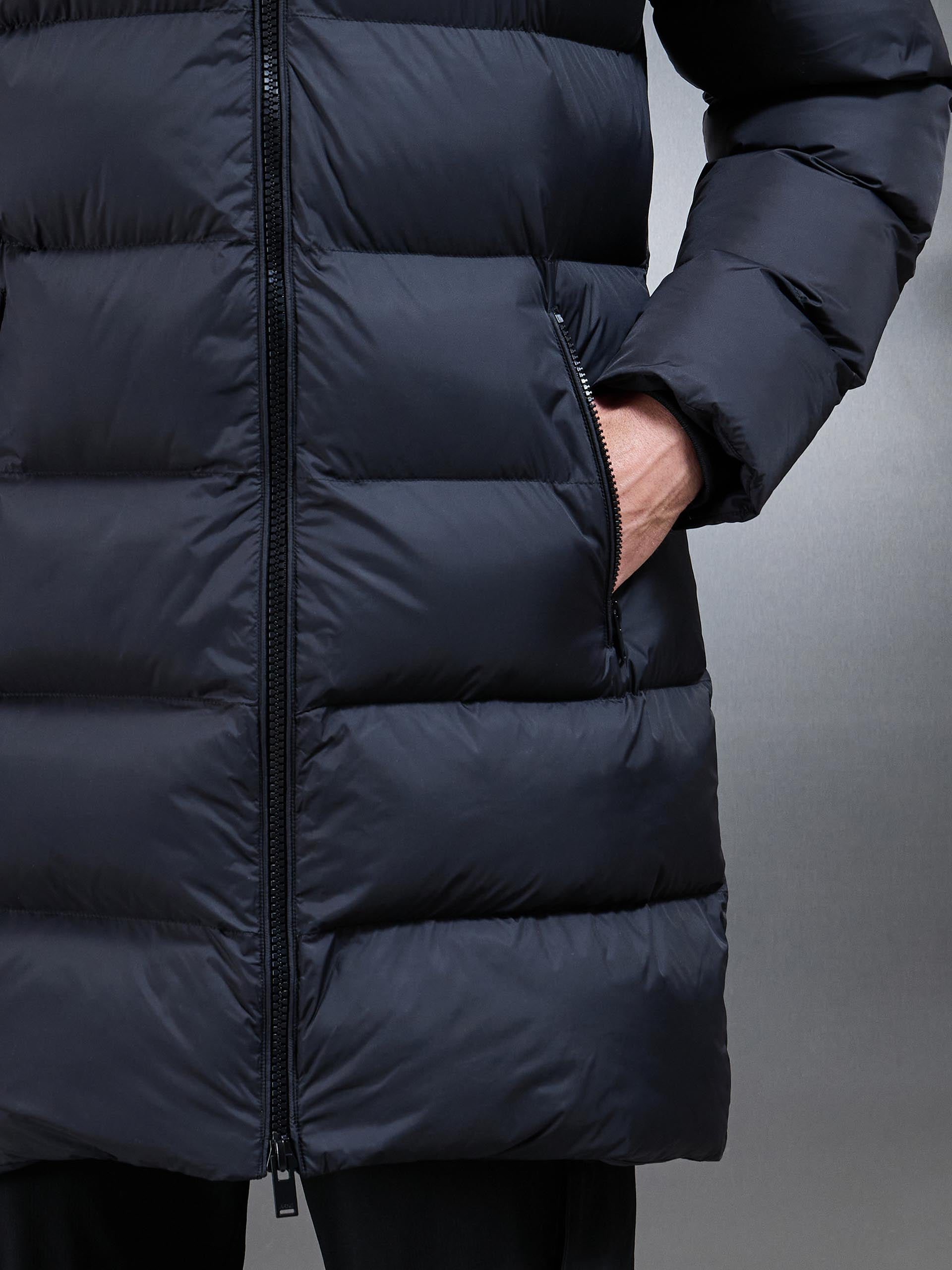 Arne Essential Mid Length Puffer Jacket in Black Pocket open